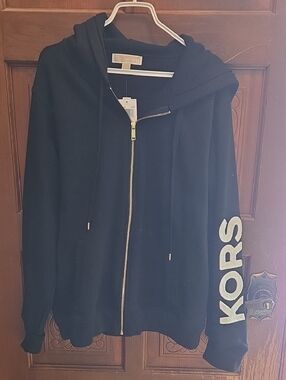 Michael Kors Black Hoodie with Gold Zipper and KORS Sleeve Lettering